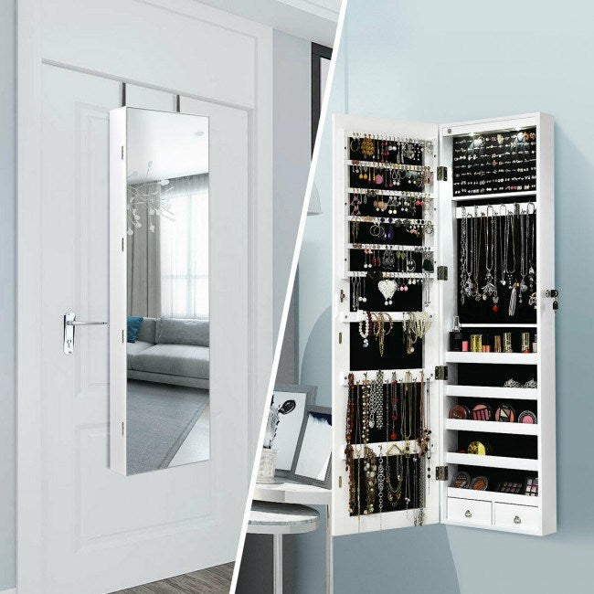 White mirrored jewelry cabinet with open door, hooks, and necklace storage racks