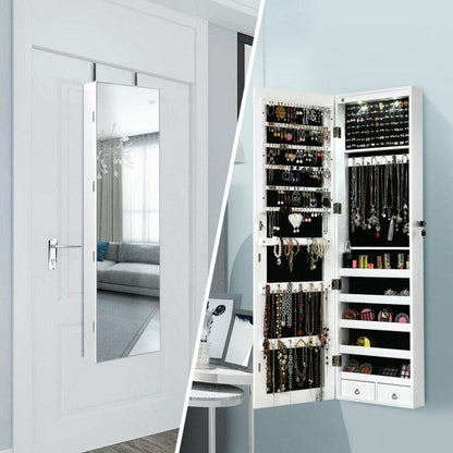 White mirrored jewelry cabinet with open door, hooks, and necklace storage racks