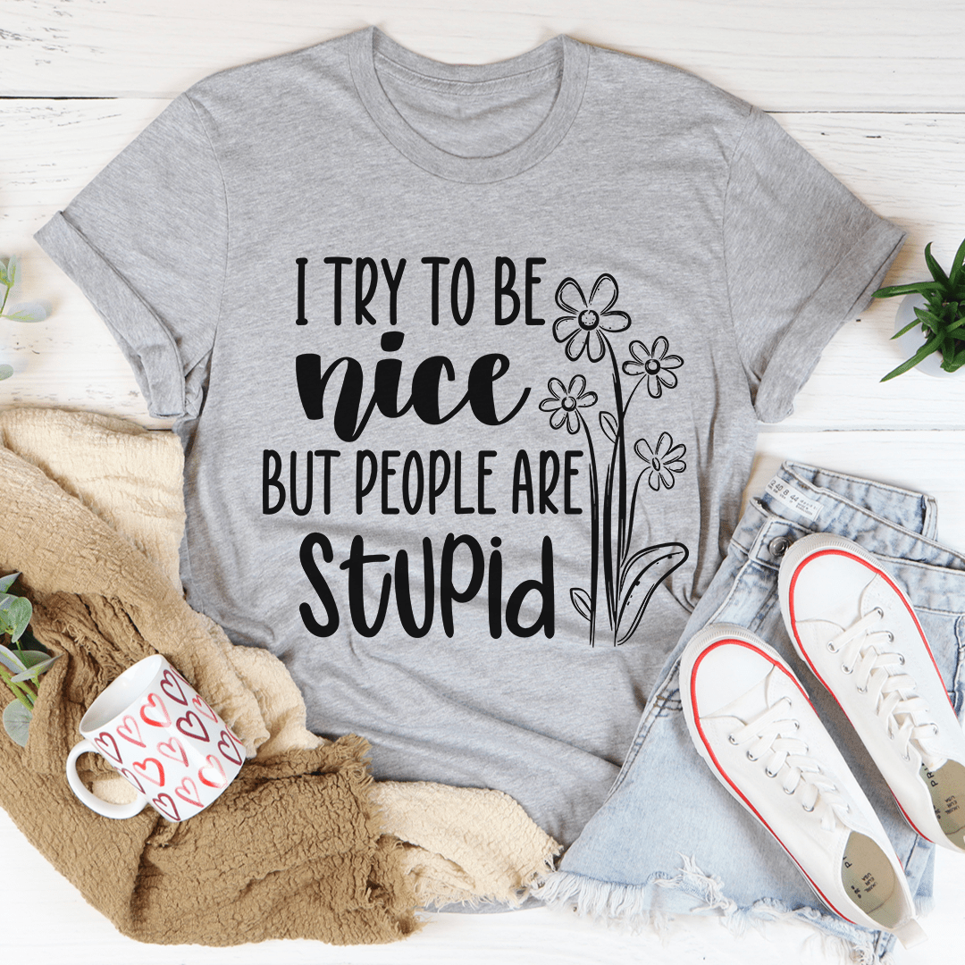 Heather gray T-shirt with black floral text graphic on chest