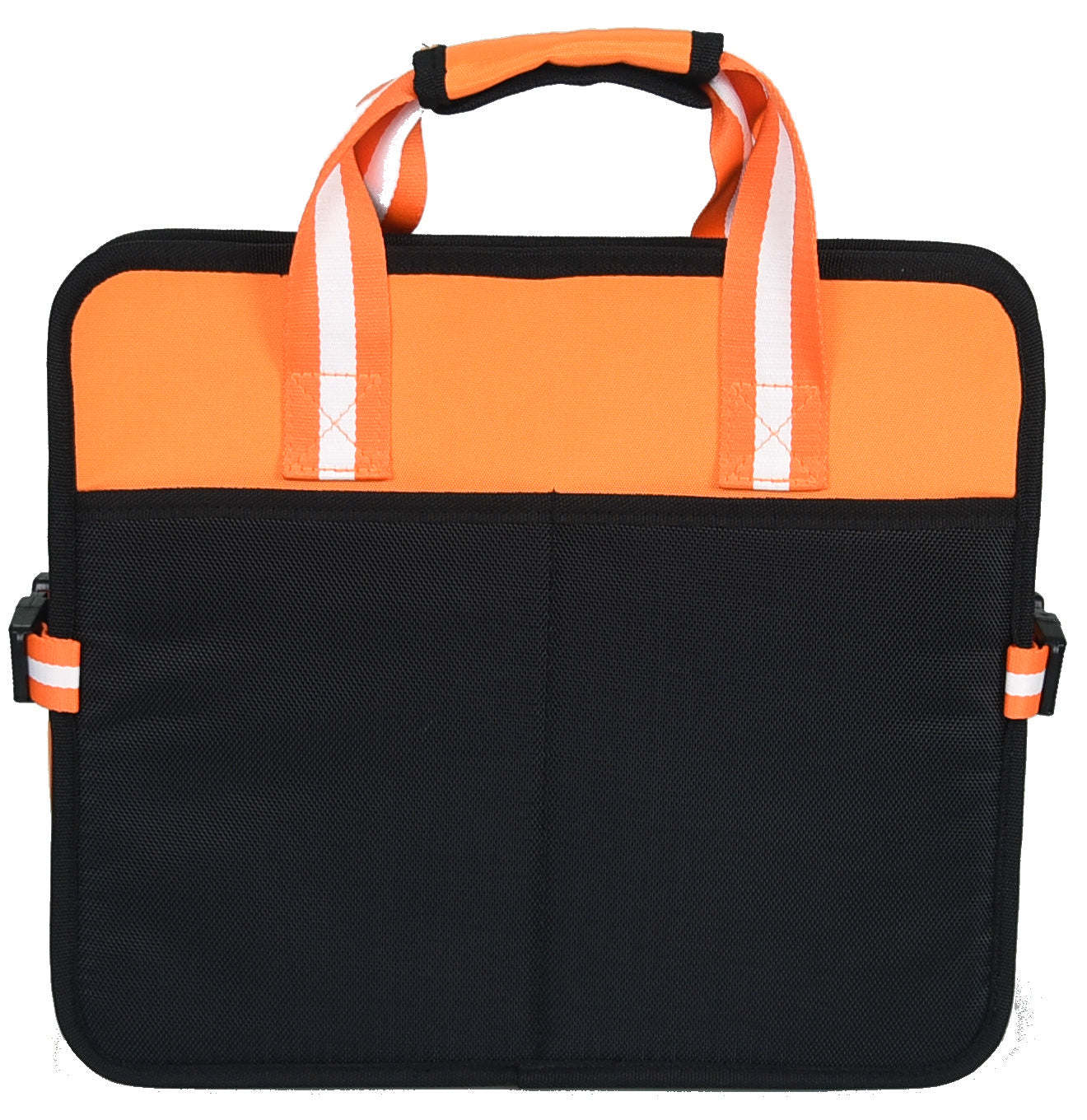 Folding travel pet bed in orange and black with front carry handles and zipper flap.