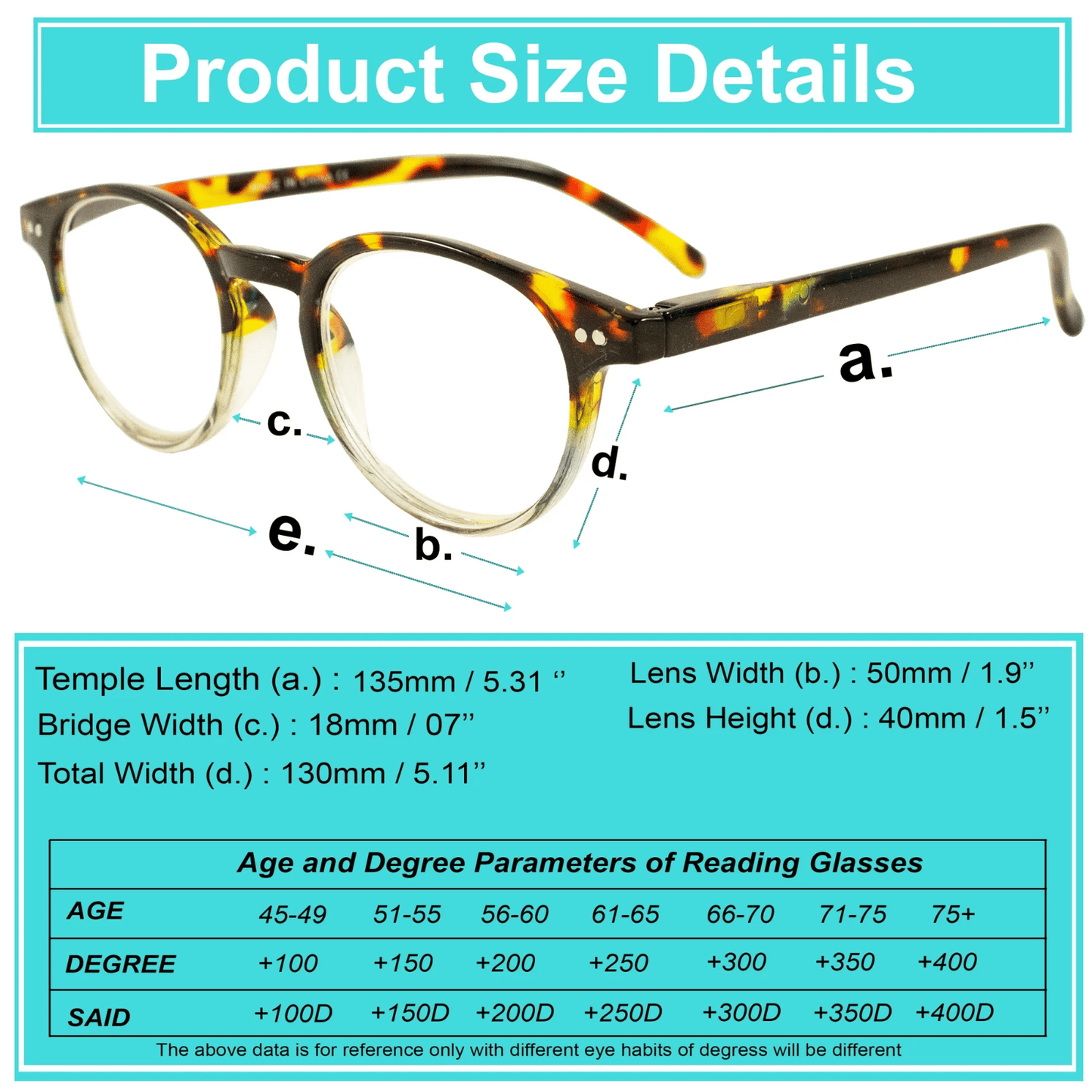 Tortoiseshell round reading glasses size diagram with lens width and bridge measurements