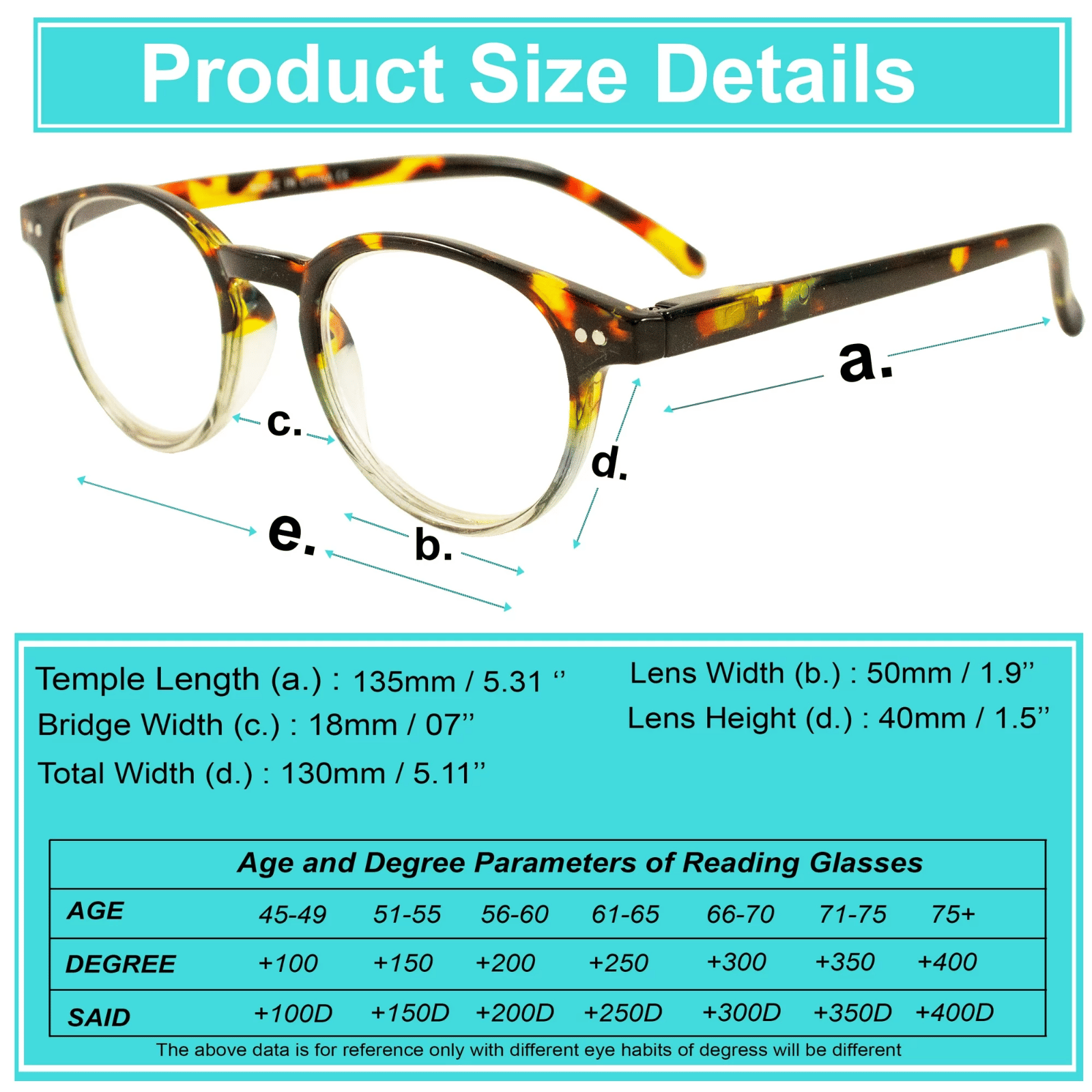 Tortoiseshell round reading glasses size diagram with lens width and bridge measurements