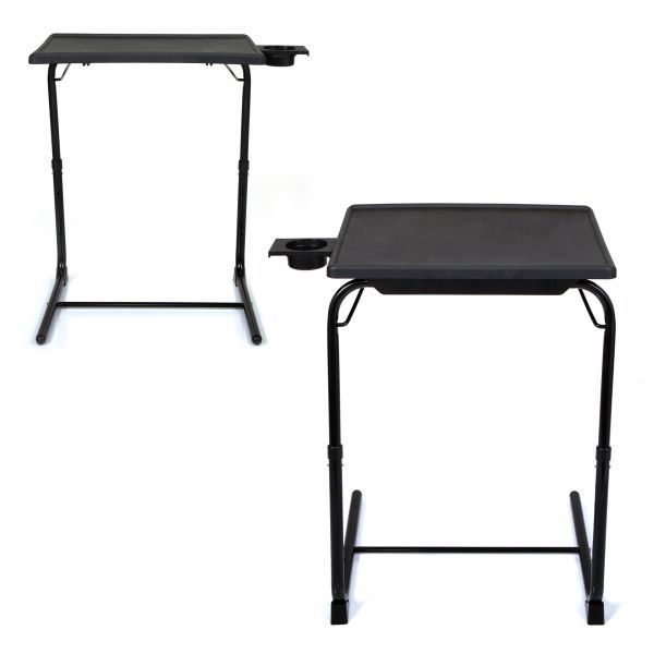Black folding TV tray table with tilting tabletop and side support bars
