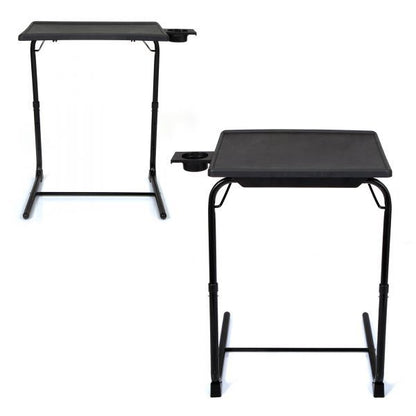 Black folding TV tray table with tilting tabletop and side support bars