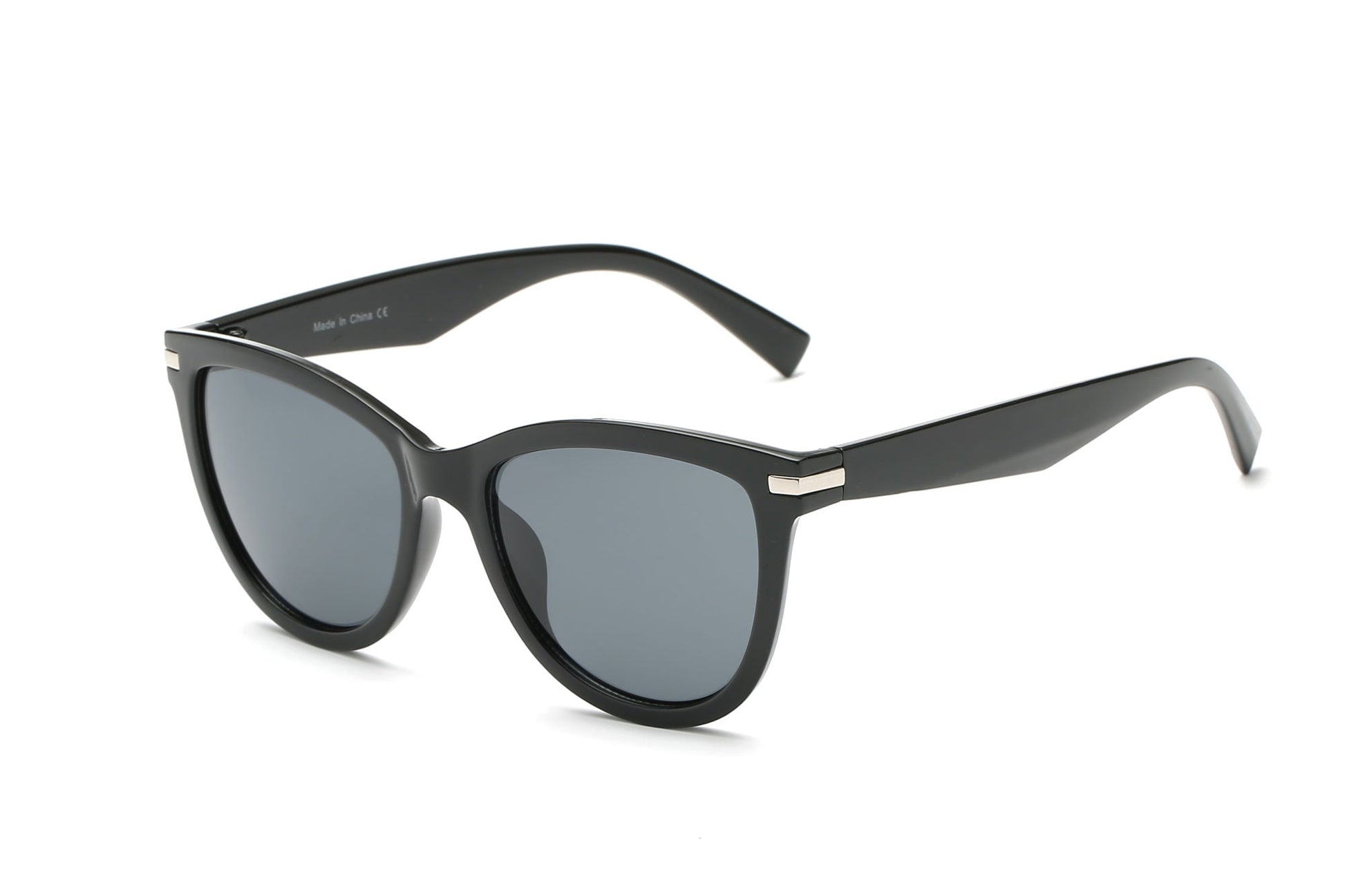 Cat-eye sunglasses with black frames, metal hinge detail, dark lenses