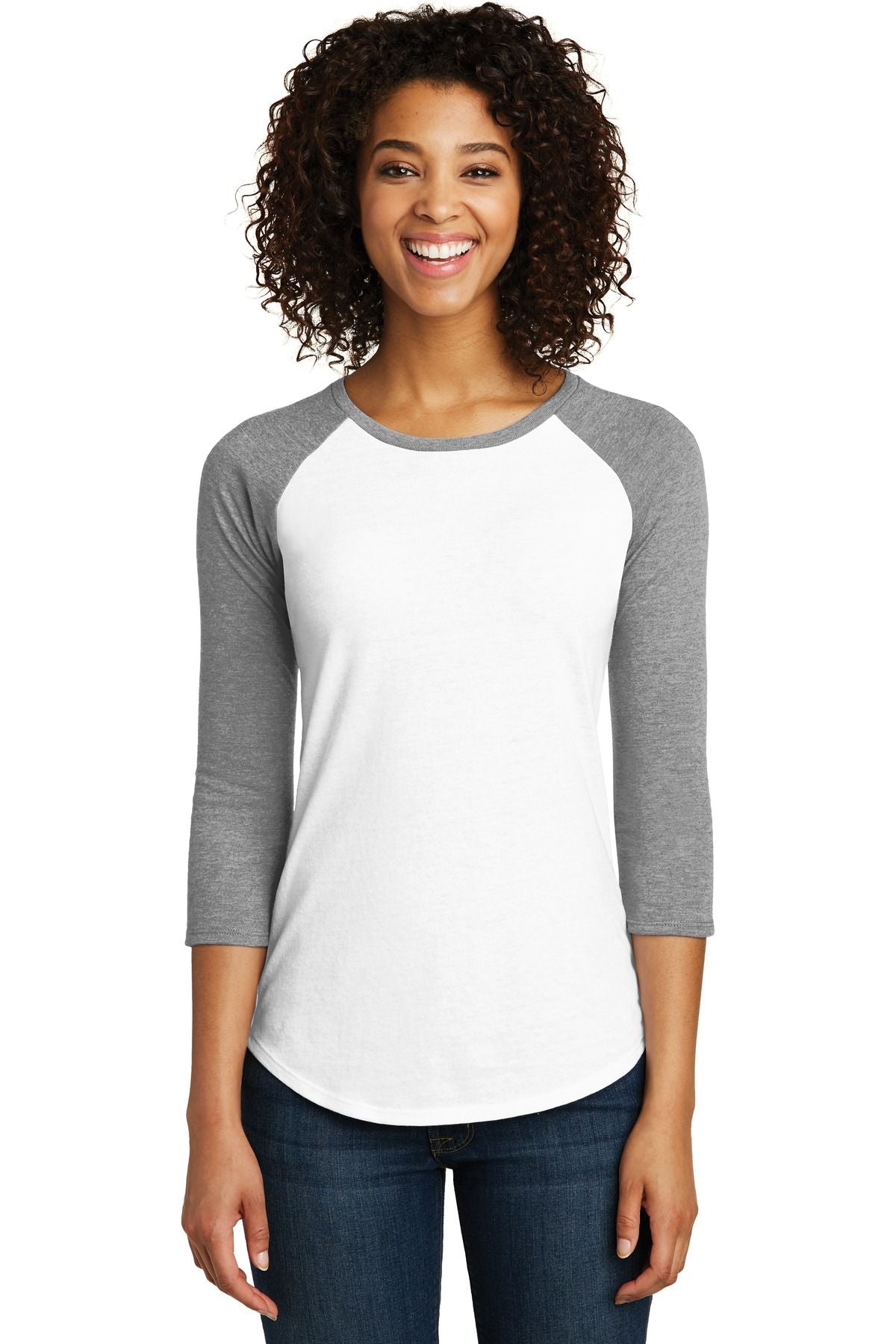 Women’s fitted raglan tee with contrast 3/4 sleeves, white body and heather gray sleeves