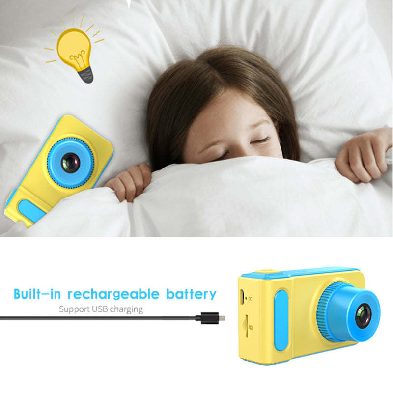 Kids mini digital video camera, yellow with blue lens ring, handheld with strap