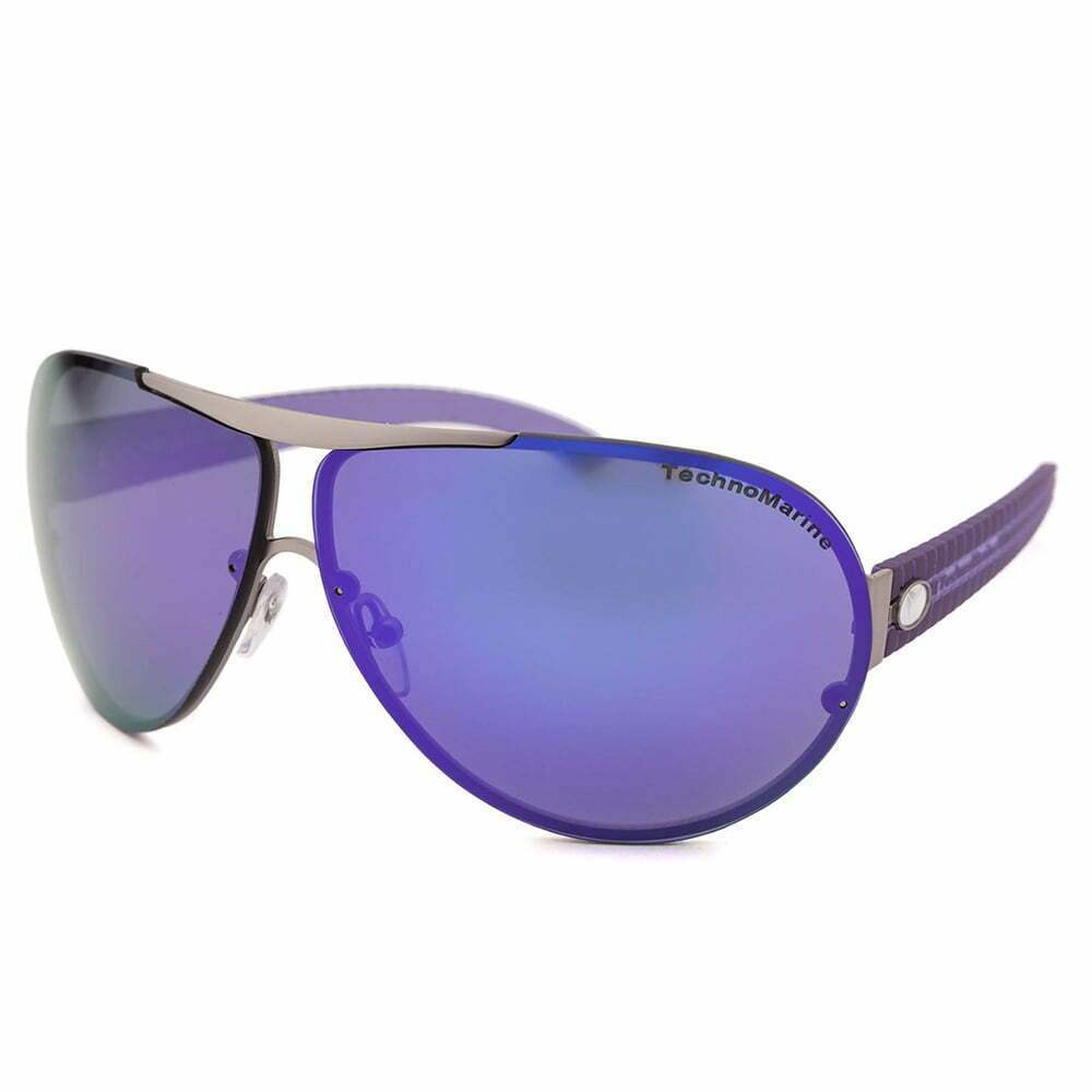 Purple aviator sunglasses with gray lenses and metal frame, logo on temple