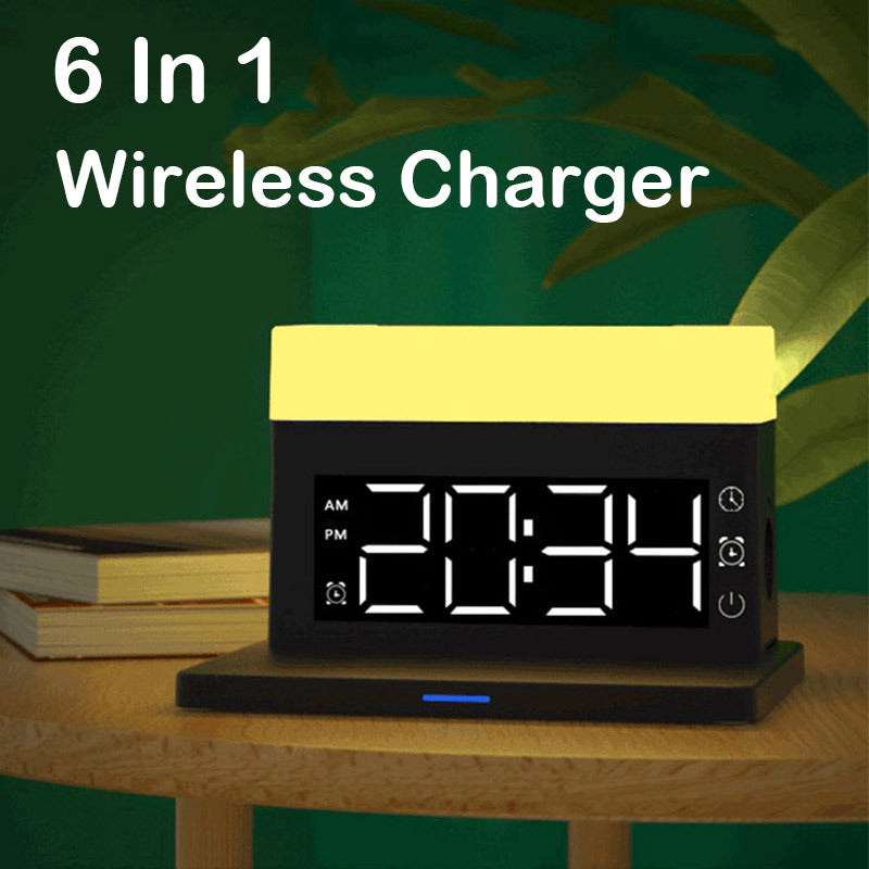 Wireless charger with digital clock display and illuminated top, shown on a wooden table