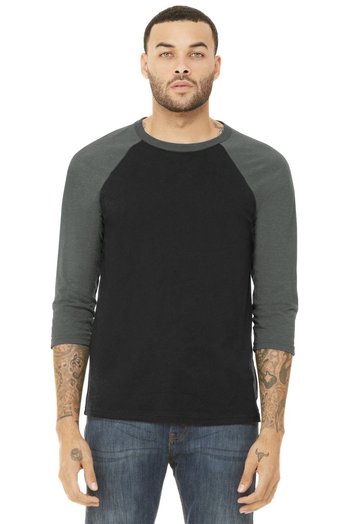 Unisex 3/4-sleeve baseball tee with black body and dark gray raglan sleeves