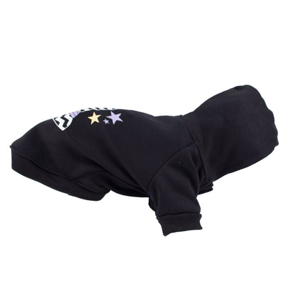 Dark hooded pet sweater costume with top stars and zigzag hat graphic