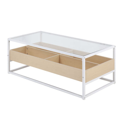 Display Contemporary Coffee Table in White Metal, Natural Wood, and Clear Glass by