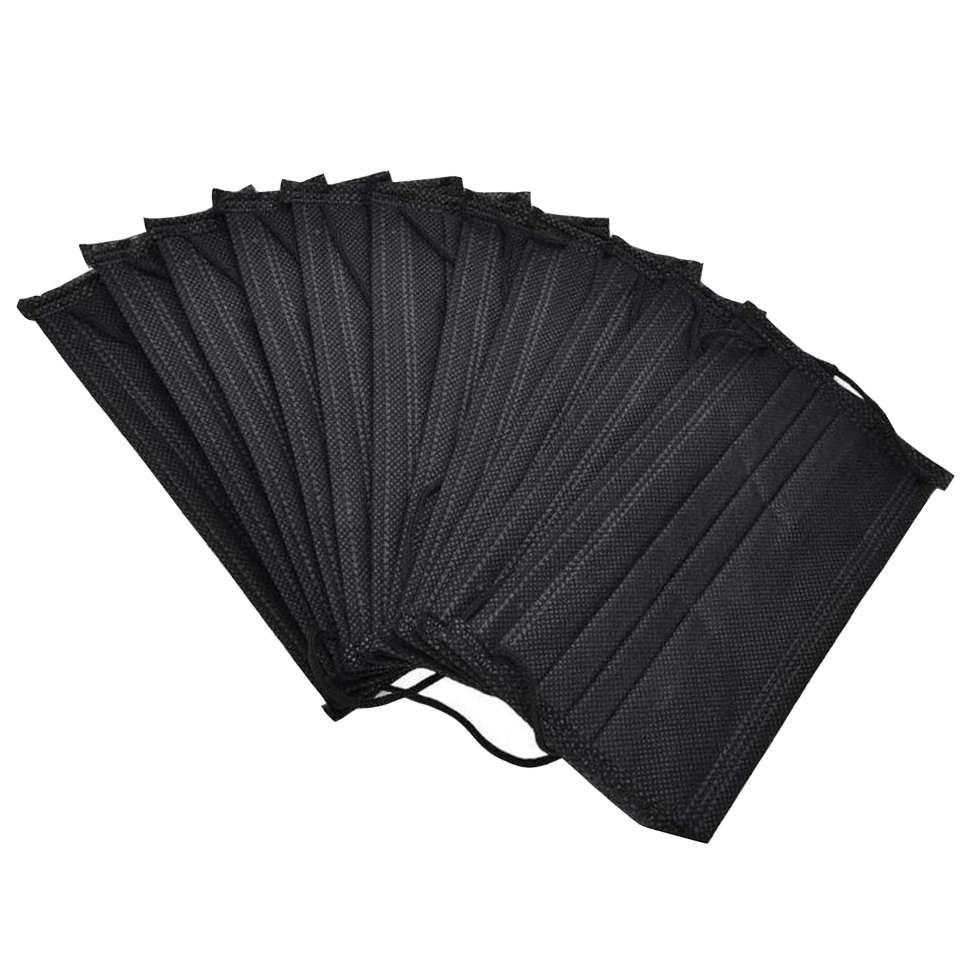 Stack of black disposable 3-ply face masks with elastic ear loops and pleated folds