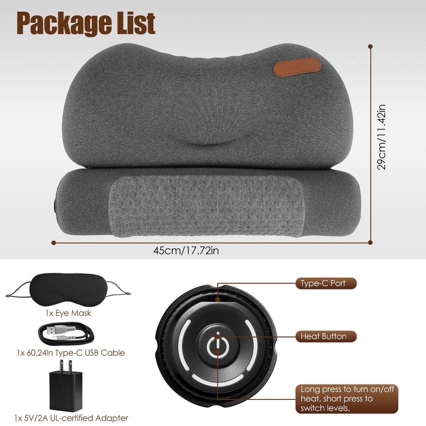 Dark grey neck pillow with orange tab; includes eye mask and USB cable