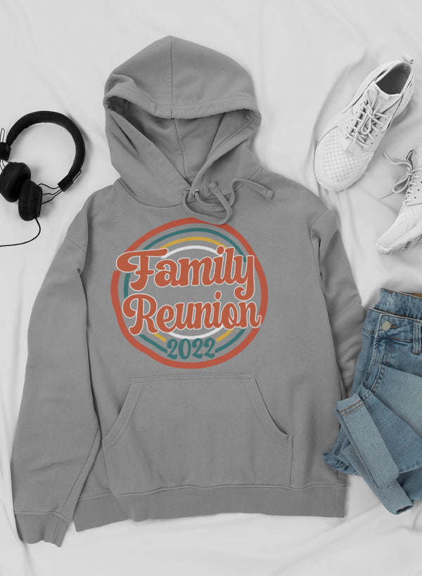 Heather gray pullover hoodie with “Family Reunion 2022” front graphic and kangaroo pocket