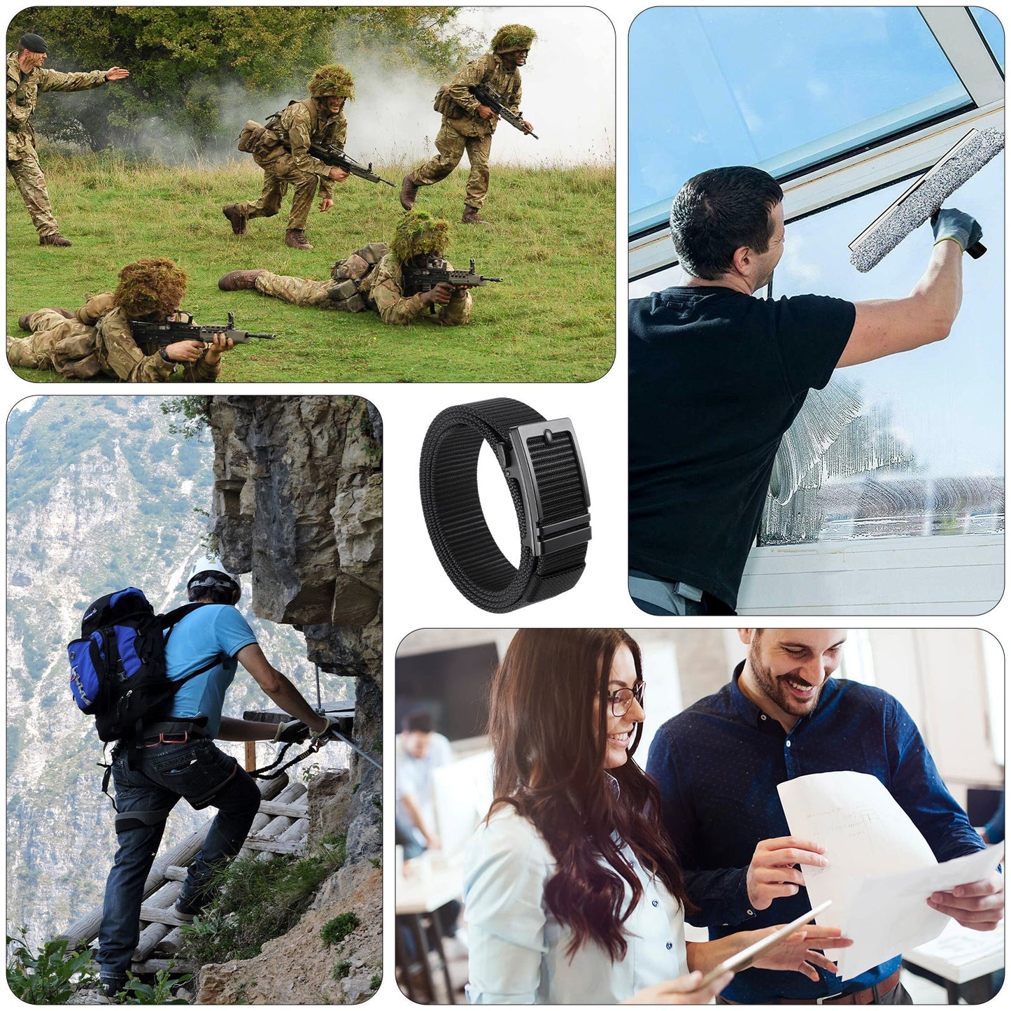 Gray nylon ratchet belt with textured webbing and black automatic buckle, close-up