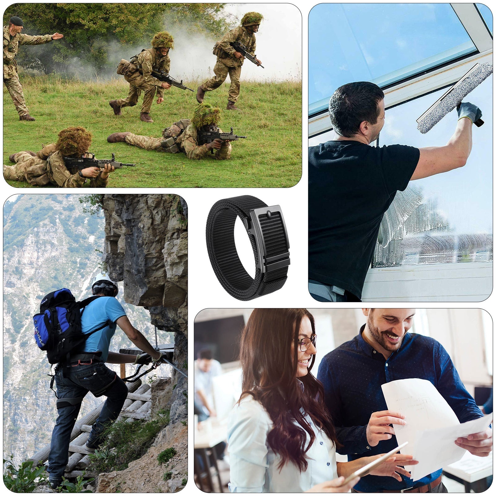 Gray nylon ratchet belt with textured webbing and black automatic buckle, close-up