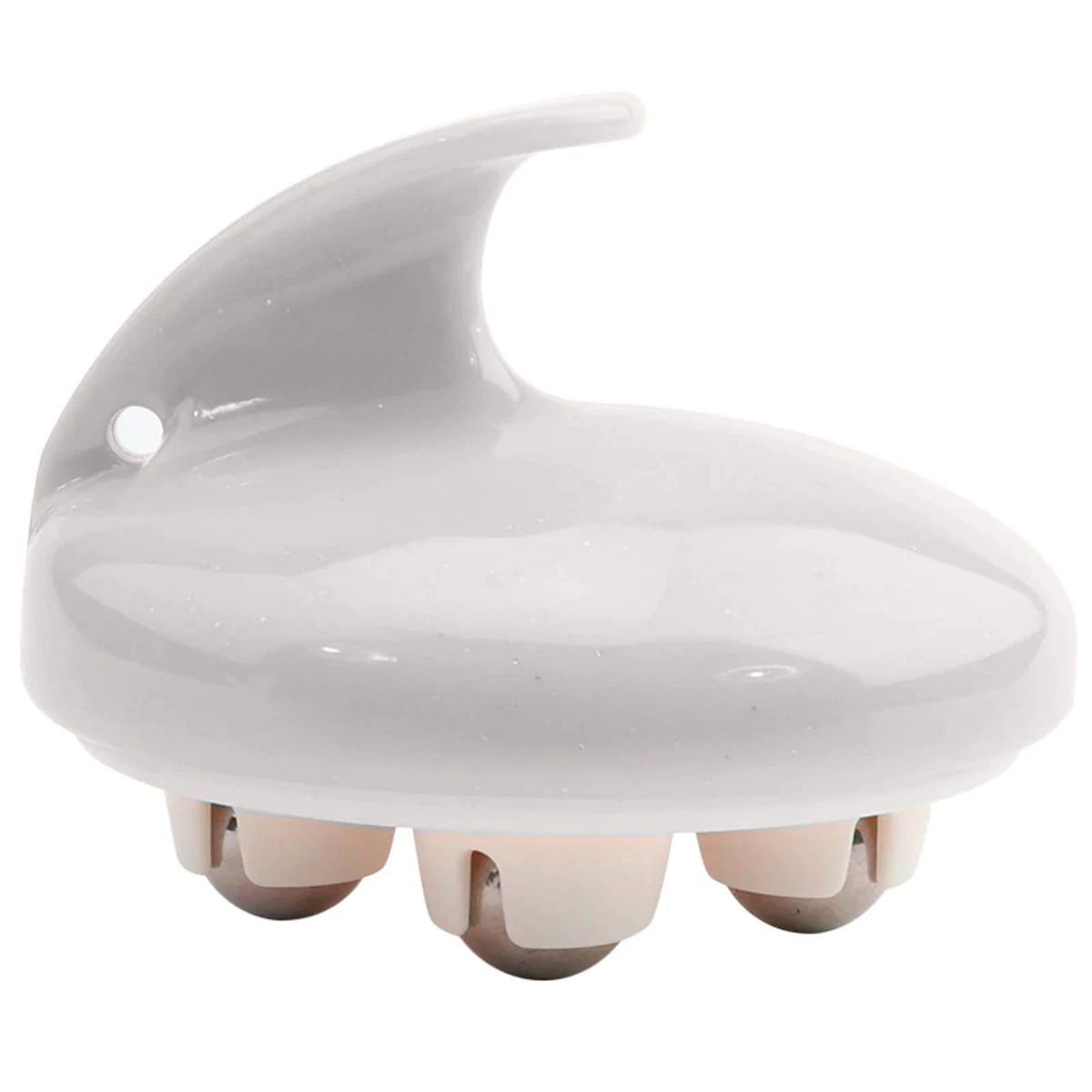 White rolling body massager with rounded disk and short bead-like rollers