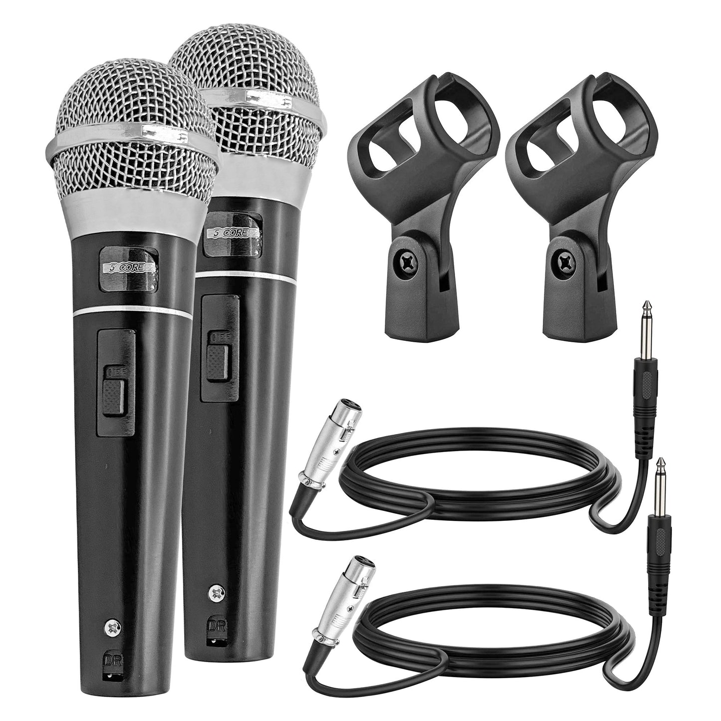 Two handheld microphones with clips and detachable audio cables