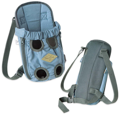 Light blue dog carrier backpack with side pocket openings and shoulder strap
