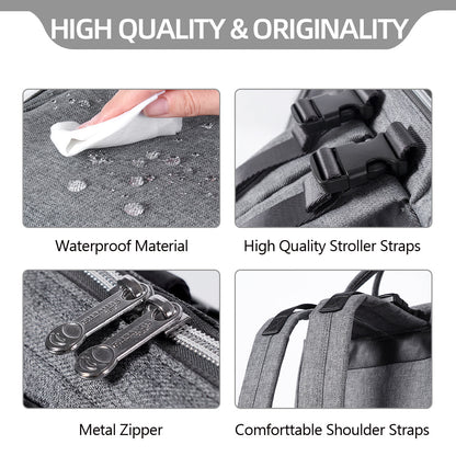 Gray diaper bag backpack details: waterproof fabric, metal zipper, stroller straps