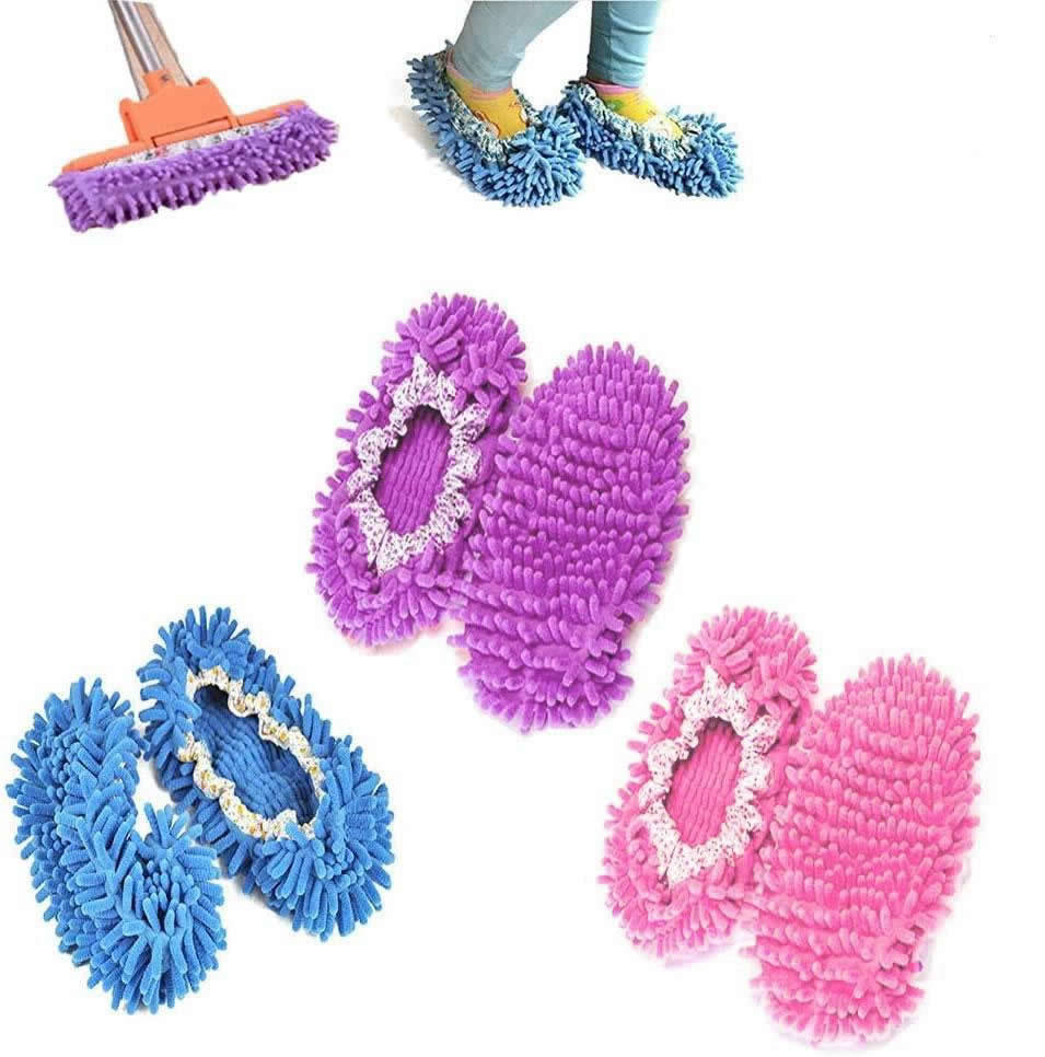 Slip-on mop slippers set with purple, blue, and pink microfiber pads.