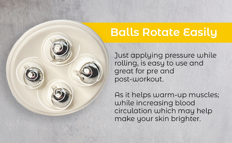Round white rolling body massager showing four rotating chrome massage beads