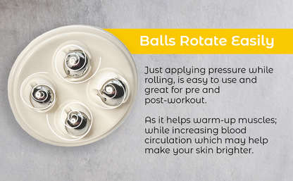 Round white rolling body massager showing four rotating chrome massage beads