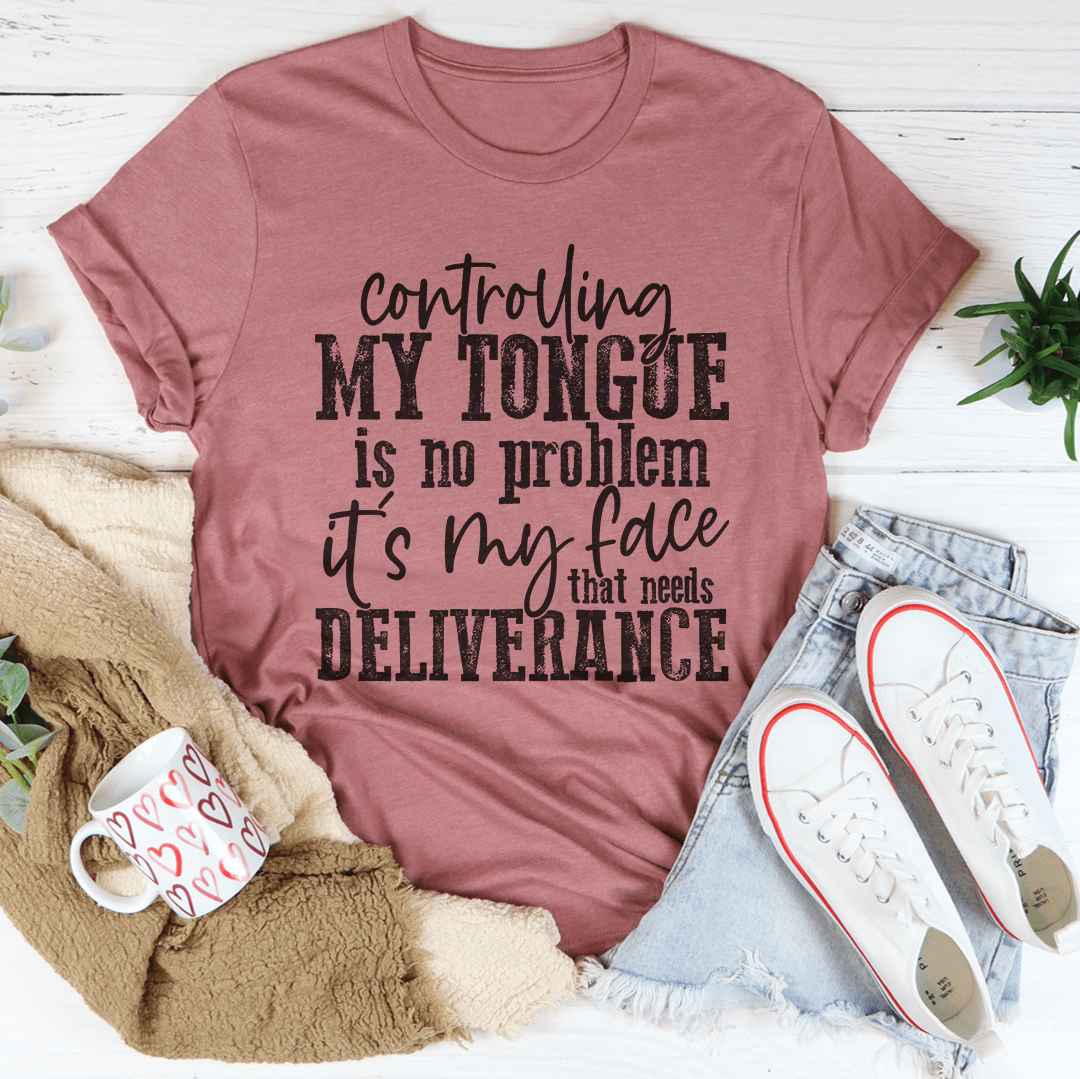 Mauve graphic T-shirt with 'My Tongue' quote typography