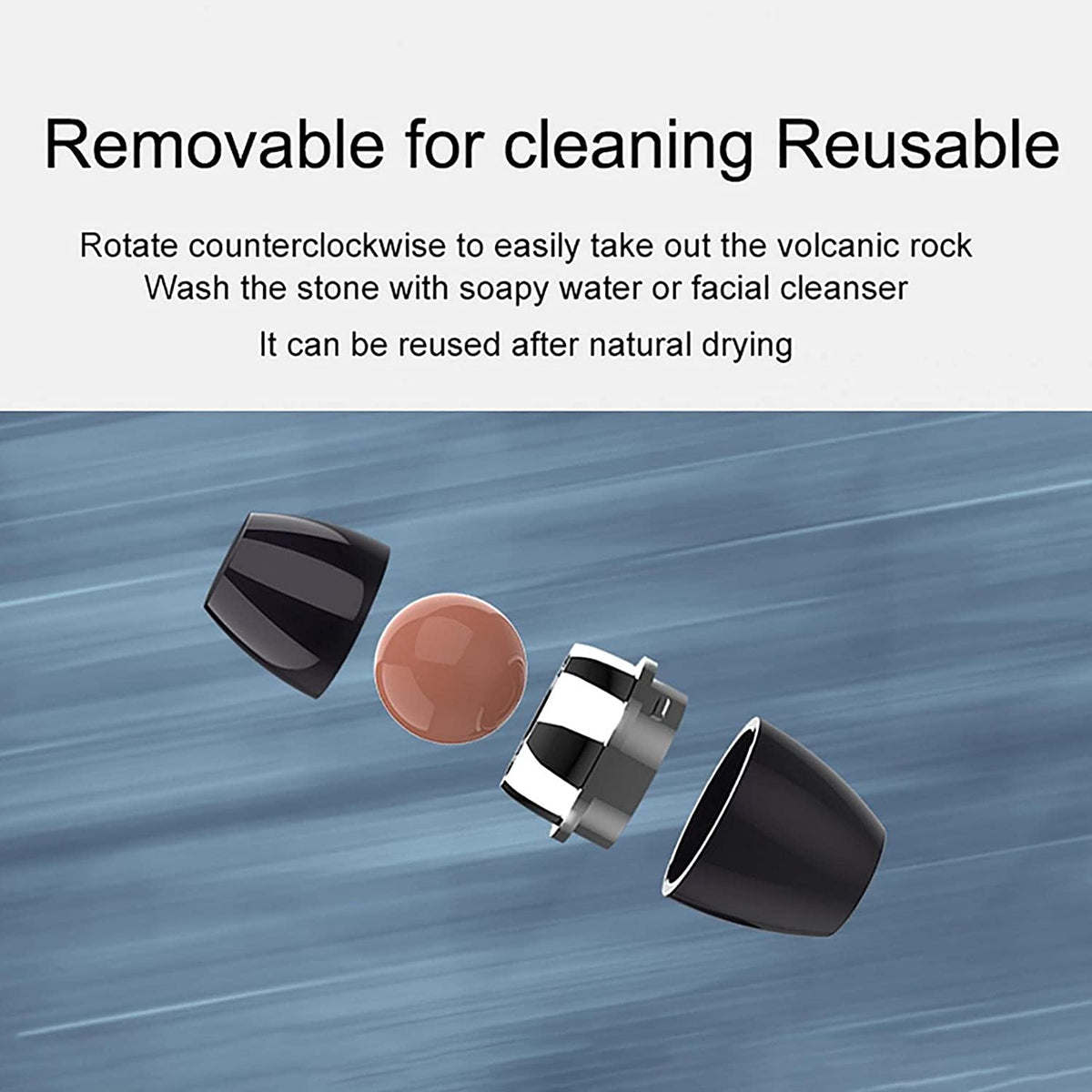 Volcanic stone face roller with removable white housing and black cap pieces