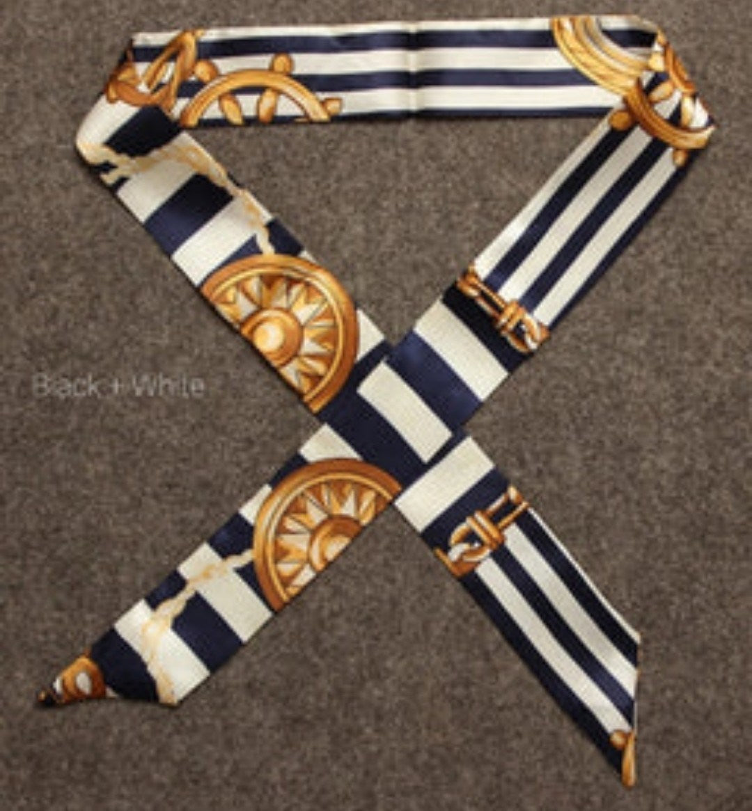 Handbag scarf/neck tie in black and white with navy stripes and gold medallion print