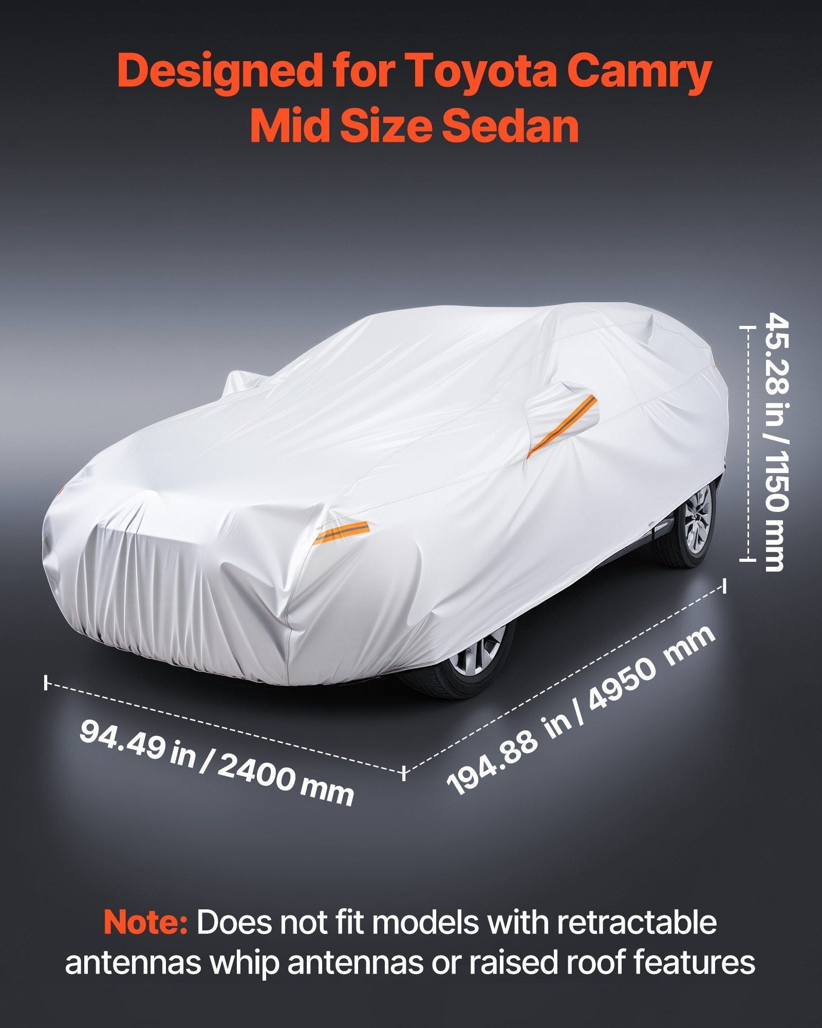 Full car cover for sedan, white with orange zipper pulls and contoured hood fit