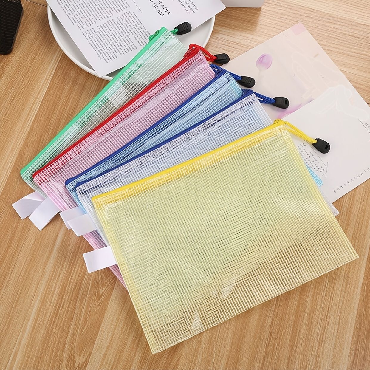 5pcs A5 Office Mesh Waterproof File Bag With Zipper Creative Students Stationery Pen Bag Office Transparent Information Bag Bill Storage Bag