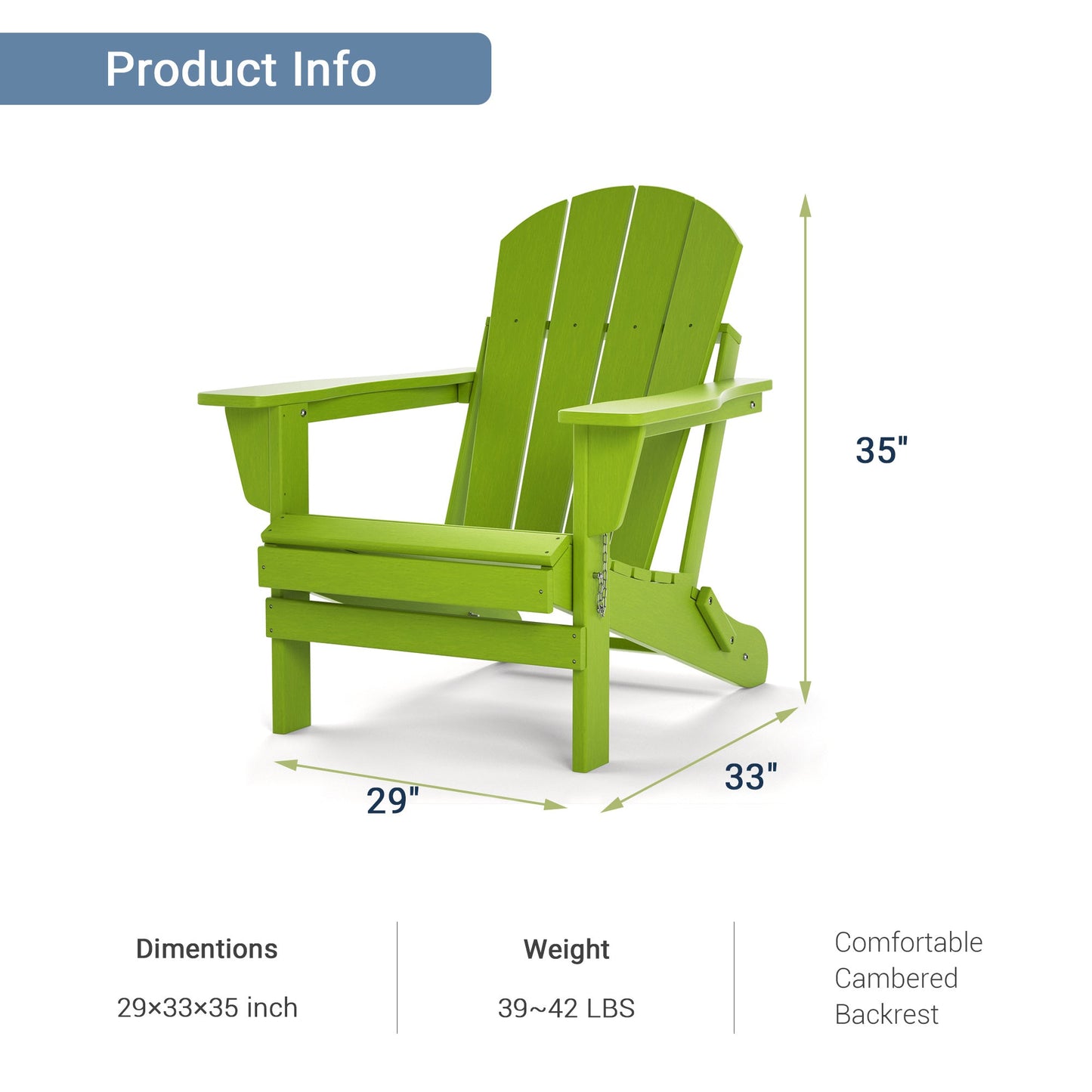 Lime green folding adirondack chair, front view with slatted seat and backrest