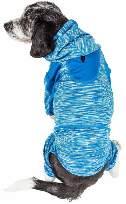 Two-tone blue dog full-body hoodie with attached hood, front kangaroo pocket detail