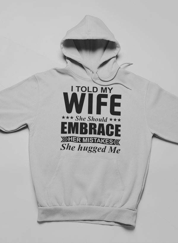 Back of light grey hoodie with bold slogan graphic under the hood