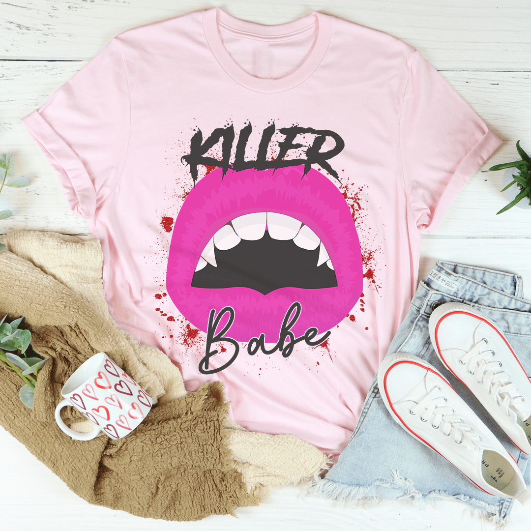 Pink T-shirt with Killer Babe lip graphic, crew neck, short sleeves, pink mouth design.