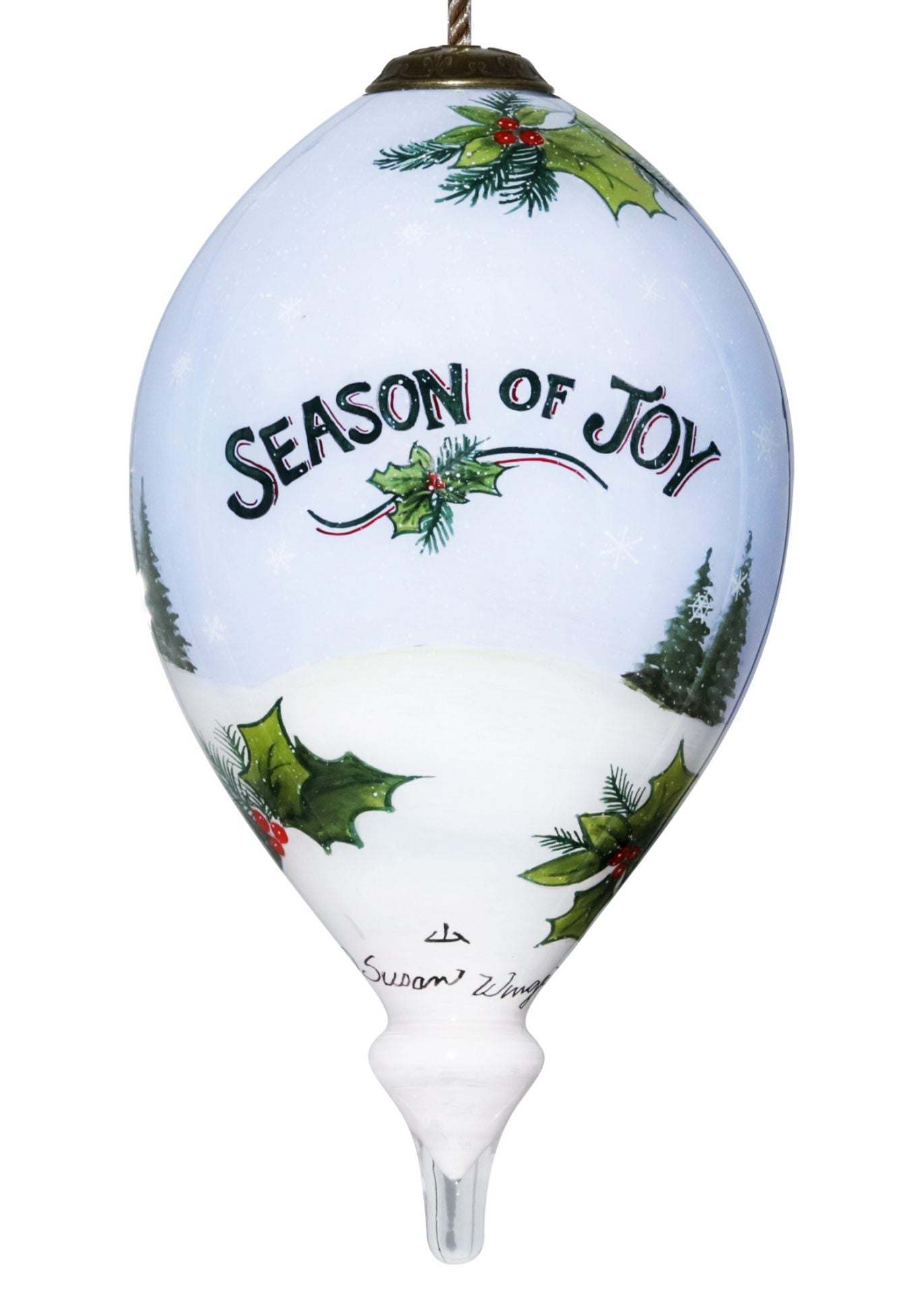 Hand-painted glass hanging ornament: teardrop with 'SEASON OF JOY' and greenery accents.