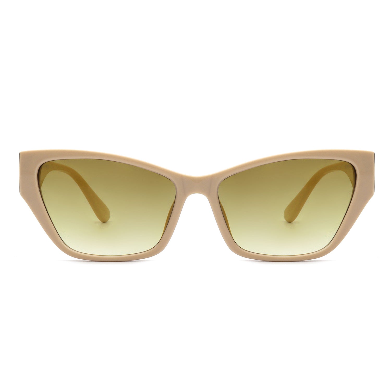 Square retro cat-eye sunglasses, nude frame, pale green tinted lenses, front view