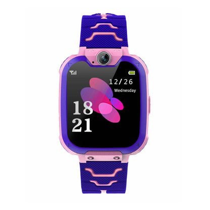 Kids smart watch with pink case, purple silicone strap, flower and date display