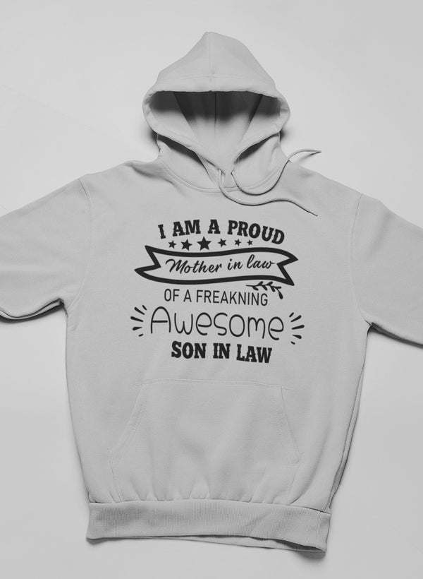 Light gray hoodie with front kangaroo pocket and graphic text design
