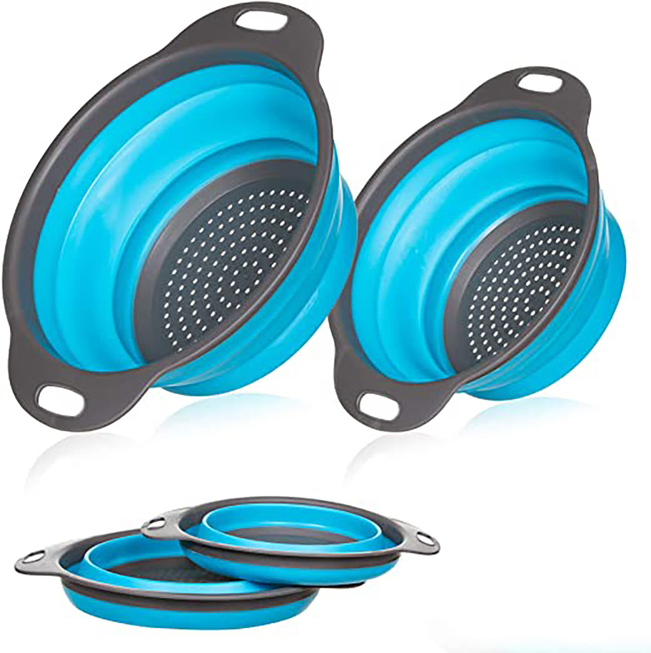 Collapsible silicone colander set of 2, blue inner baskets with gray rims and handles