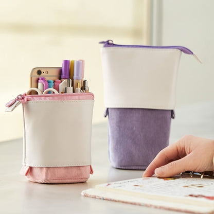 Telescopic stationery case, white top with lavender striped sleeve and pink base, zipped