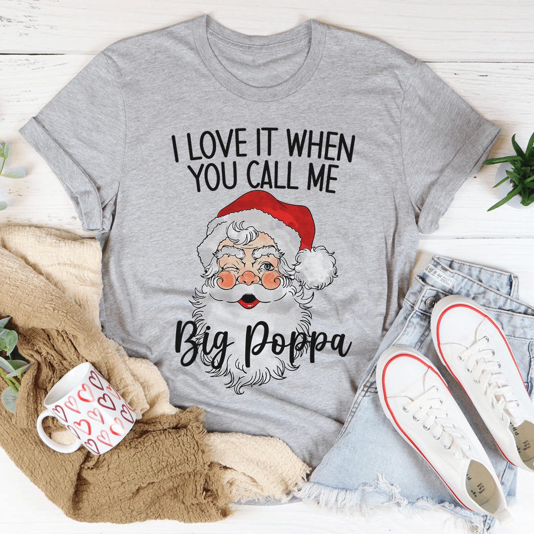 Heather gray T-shirt with Santa graphic and 'Big Poppa' text.