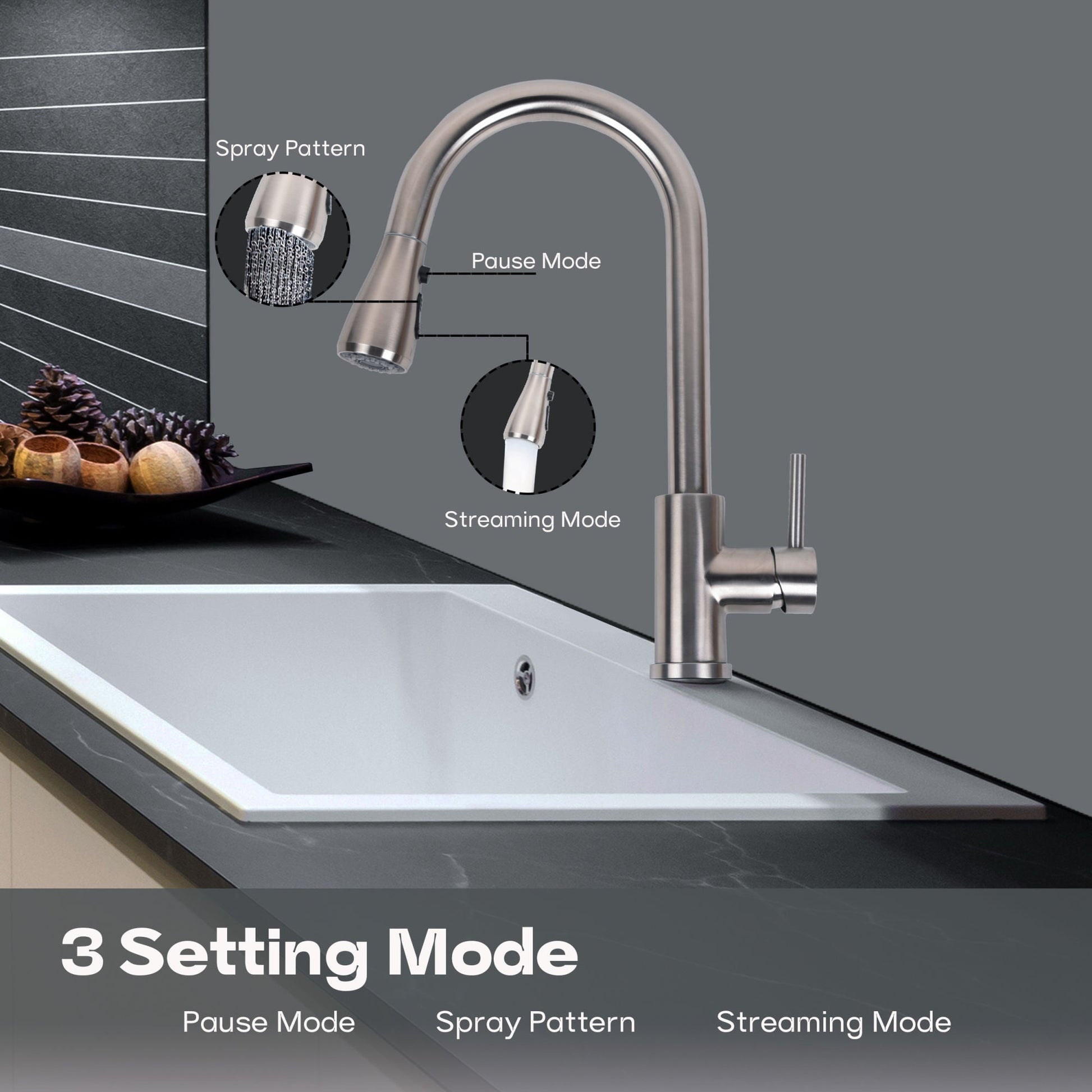 Brushed nickel kitchen faucet with pull-down sprayer and two spray settings