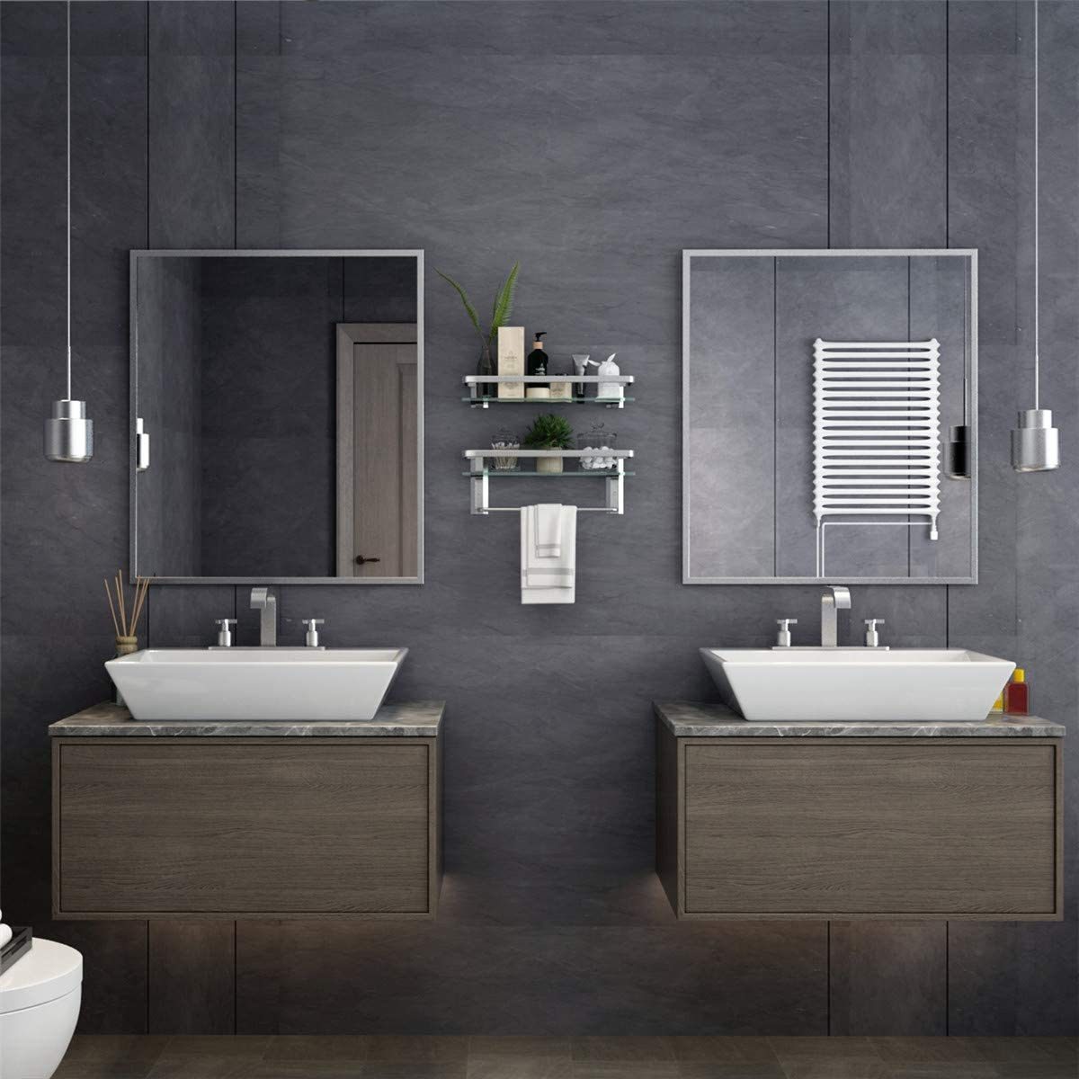 Wall-mounted glass bathroom shelf with towel holder on wall, clear glass and dark metal