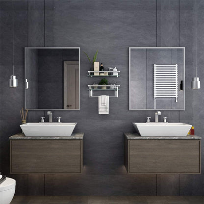 Wall-mounted glass bathroom shelf with towel holder on wall, clear glass and dark metal