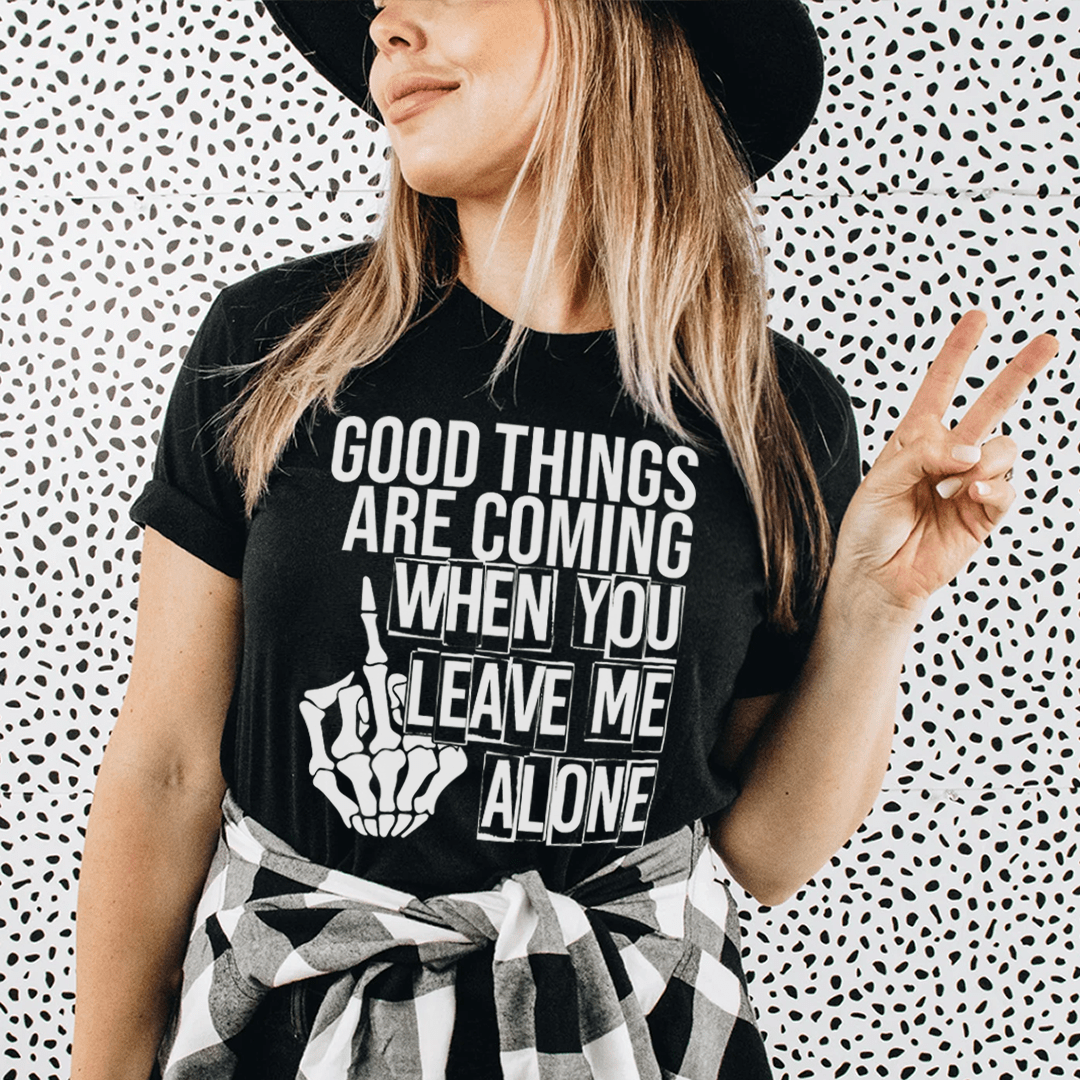 Black T-shirt with white slogan print, short sleeves, crew neck