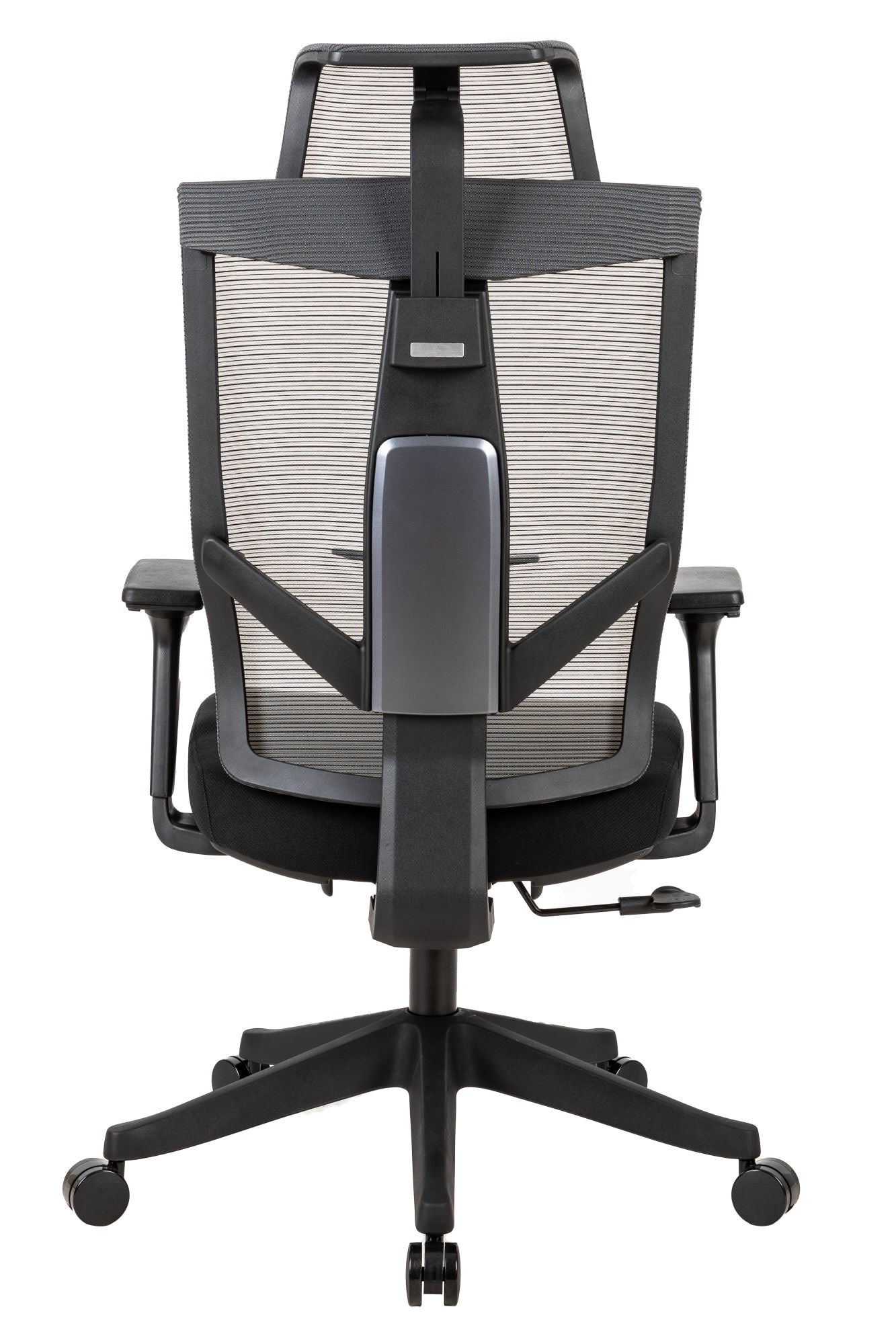 Black office chair front view with high back mesh, headrest, and cross base wheels