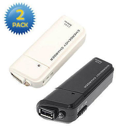 Two-pack emergency smartphone chargers in white and black, compact USB power banks